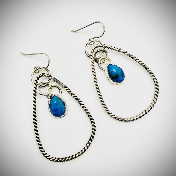 Turquoise 925 Sterling Silver Dangle Teardrop Earrings  Sterling Silver Faceted Turquoise Teardrop Hoop Dangle Earrings 925